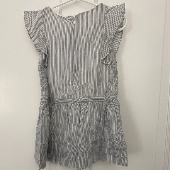 NWT Jacadi Girls Dress Pinafore Sleeveless Ruffle Belt Gray Blue Stripe 2T 88cm - Picture 4 of 6